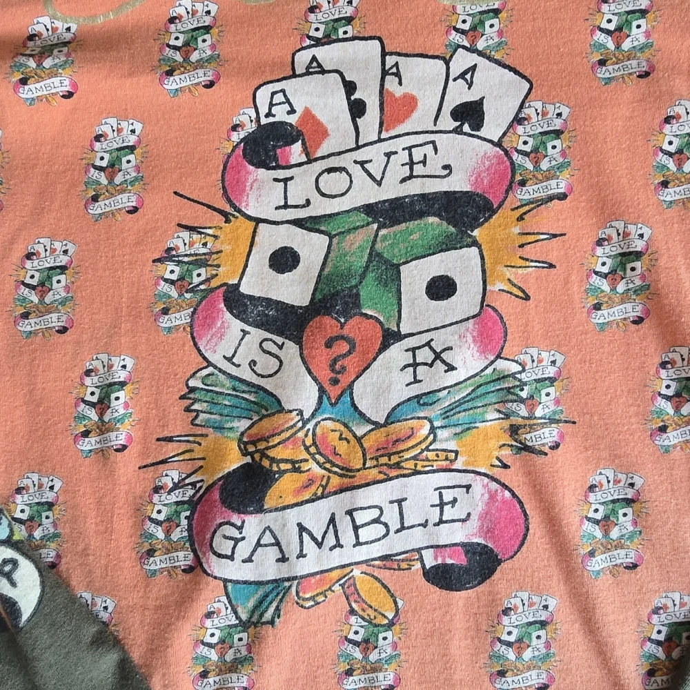 Ed Hardy Coral Pink and Olive Green Long Sleeve Layered Tee - Picture 6 of 14